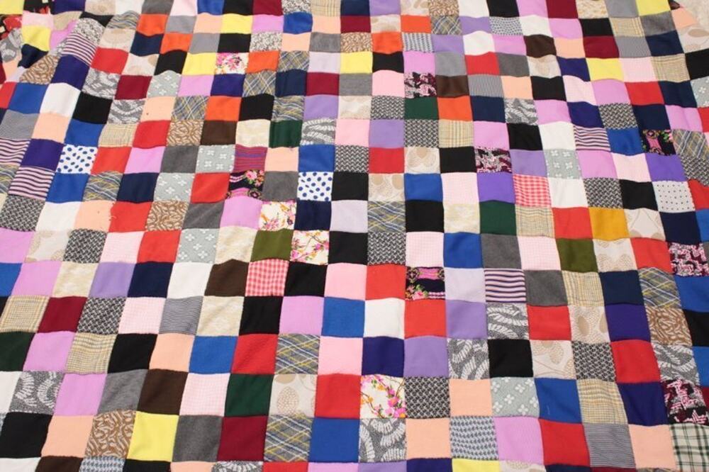 Vtg Quilt Top Polyester Knit Square Patchwork Bright Colors 87 x 103 Hand Pieced